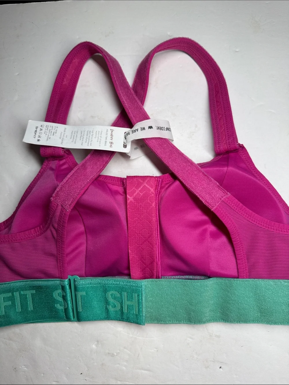 SHEFIT Bright Pink Sports Bra Teal Band S zip front new workout comfort support - Picture 5 of 9